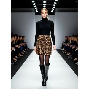 Lauren Ralph Lauren Leopard Print Button Front Linen Cotton‎ Mini Skirt Brown 14